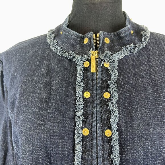 VTG St John Sport Classic Chic Preppy Denim Jacket Frayed Trim & Gold Details L - Picture 15 of 16